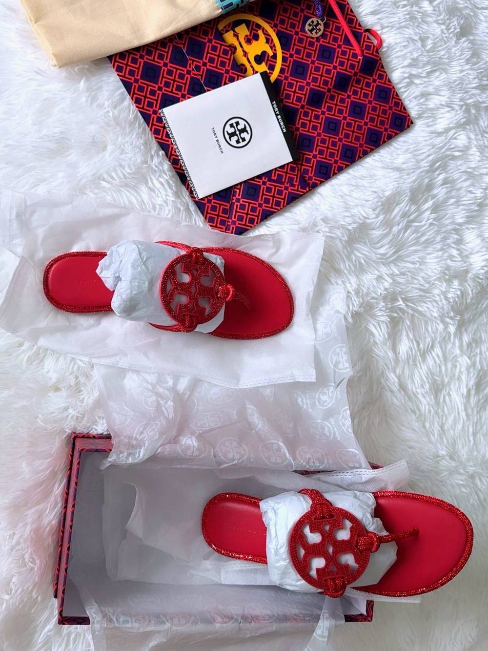 Tory Burch Kids Red Glitter Logo Thong Sandals